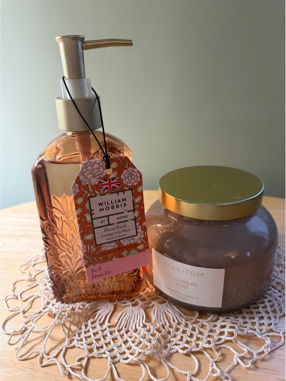 William Morris Vanilla Honey Hand Wash and Sand + Fog Cashmere Oud Candle Set